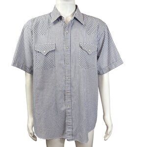Plains Mens Western Wear Checkered Shirt Snap Front White Blue XL Short Sleeve